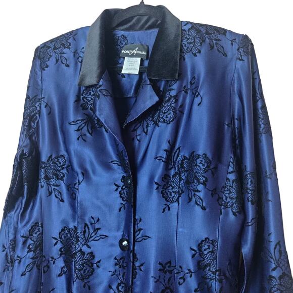 Vtg Positive Attitude Satin Velvet Burnout Floral Blazer Dress 10 Navy Blue - Picture 3 of 13